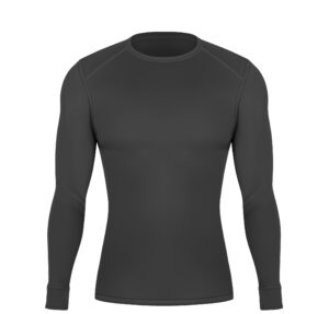 Black base layer shirt as an example of what to wear next to skin when winter hiking