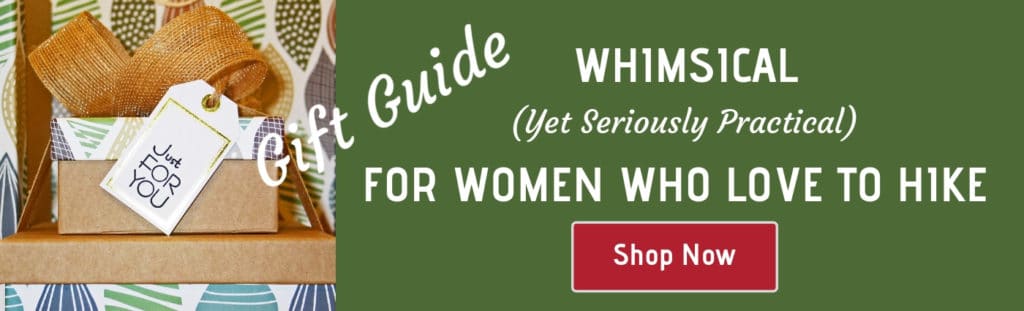 ad for our gift guide for women hikers. white letters on green background