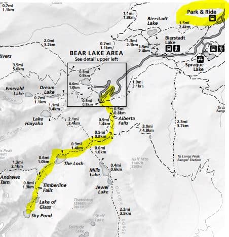 map of trail to sky pond rocky mountain national park