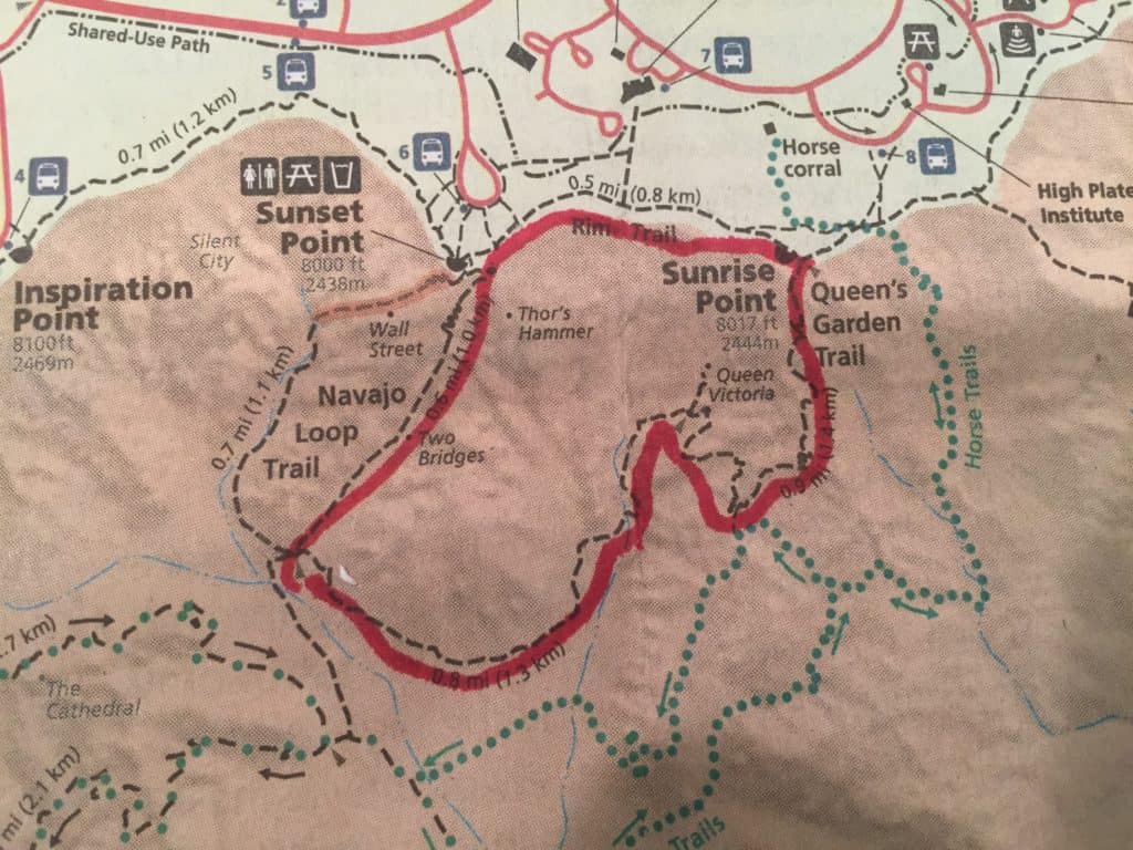 Map with red circle showing the route for the Queens Garden and Navajo Loop Trail