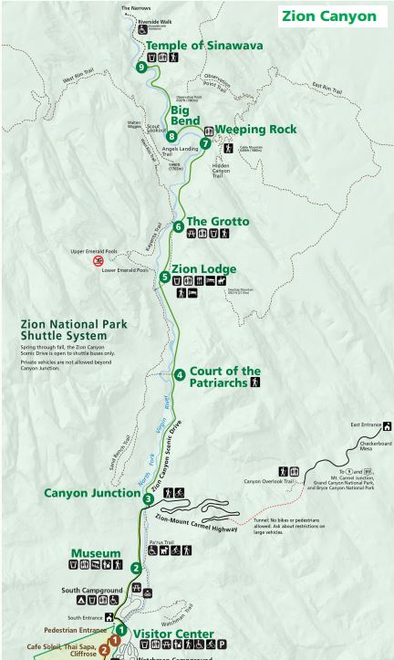 Zion Shuttle Route Map from NPS