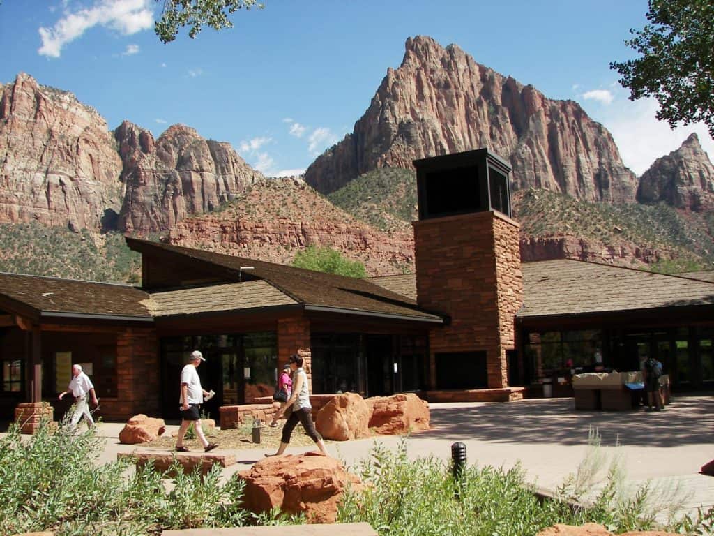 Zion Canyon Visitor Center with people walking