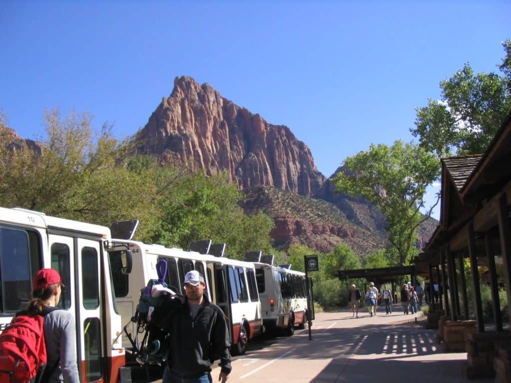 Zion Canyon Shuttle buses loading Zion Park Visitors