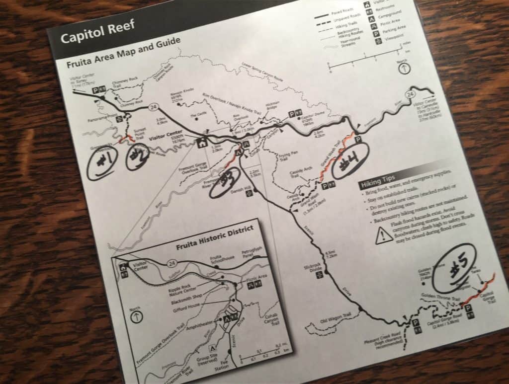 Map of Capitol Reef National Park Day Hikes