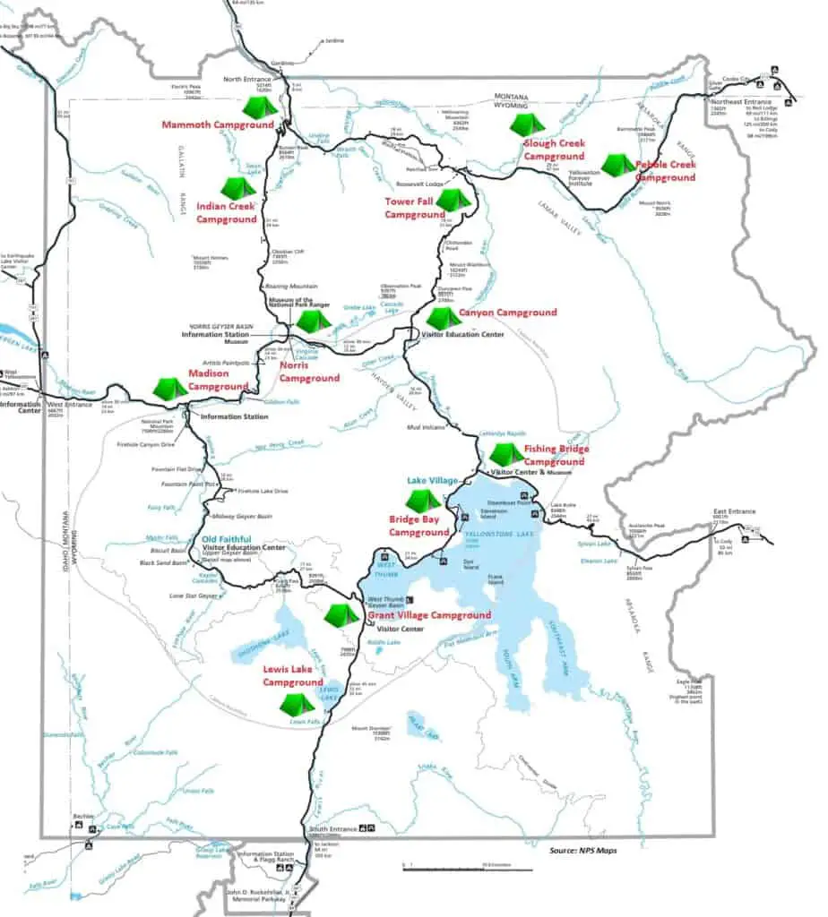 map of campgrounds in Yellowstone National Park