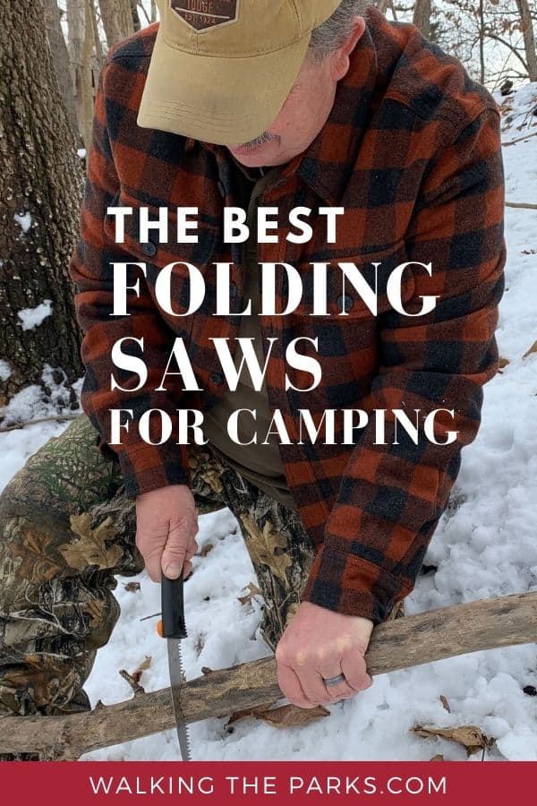 Demonstration of the best folding saws for camping by man in red jacket. #WalkingTheParks