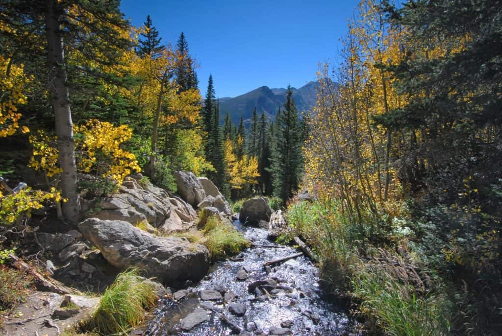 fall in rocky mountain national park with stream running through the mountains