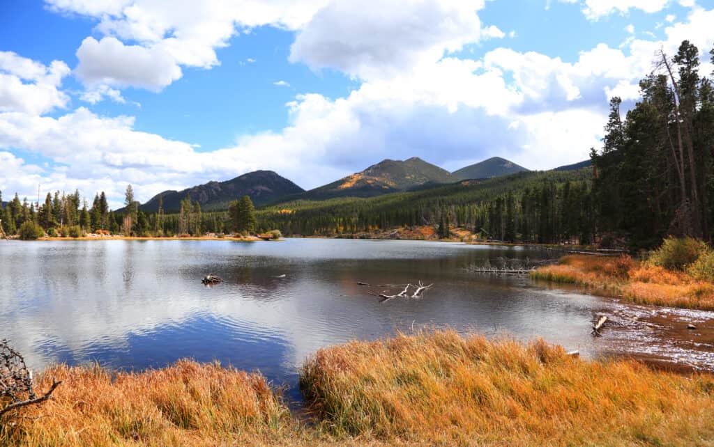 Sprague Lake with bright Rocky MOuntain National Park fall colors