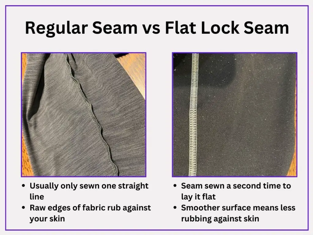 comparison of flatlock seam to regular seam as often seen in women's hiking leggings