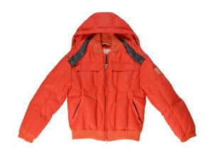 A red winter jacket as example of type of jacket to wear when hiking in cold weather