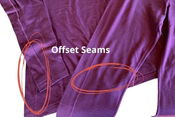 Purple Ibex Woolies 2 with offset seams circled for review demonstration.