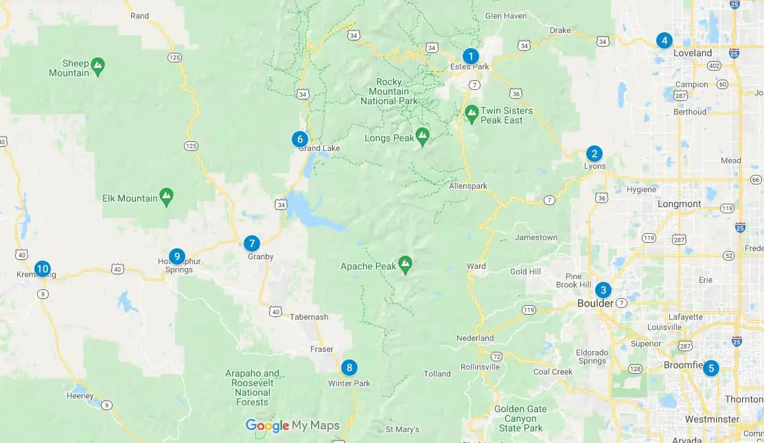 Google map showing the towns close to Rocky Mountain National Park with blue markers