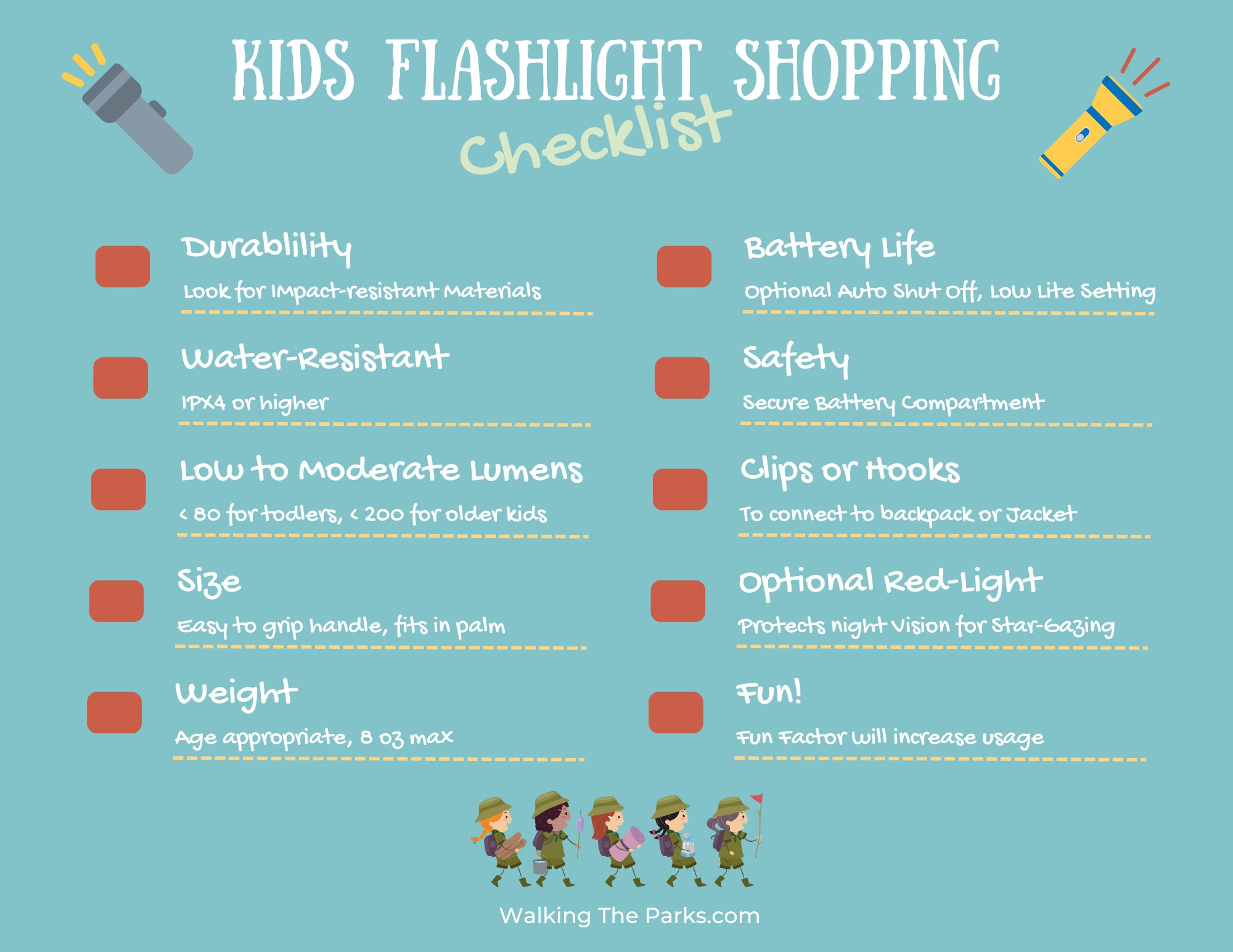 Chart with list of features to look for in the Best Kids Flashlights