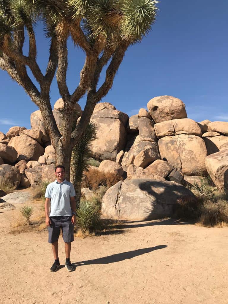Res Marty standing on trail to Lost Palms Oasis in Joshua Tree National Park
