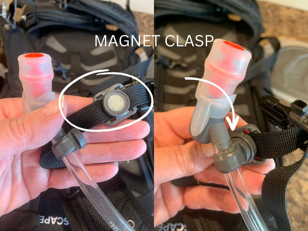 two photos, the first showing the magnet clasp on a hydration tube unclasped, the second showing it closed. Demonstrating a unique feature of the best hiking backpacks