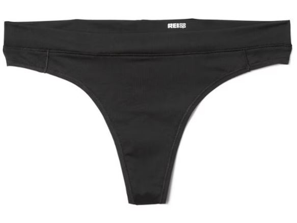 Black pair of REI Active Thong Underwear on a white background