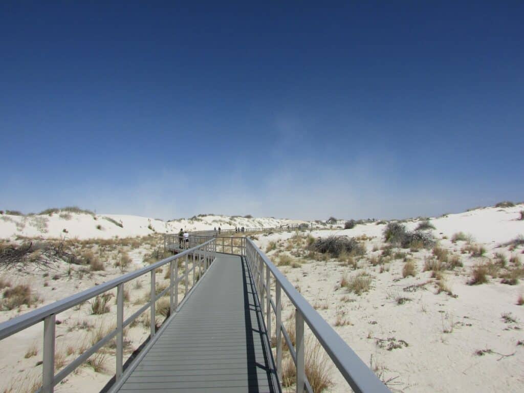 boardwalk through sand dunes with people walking