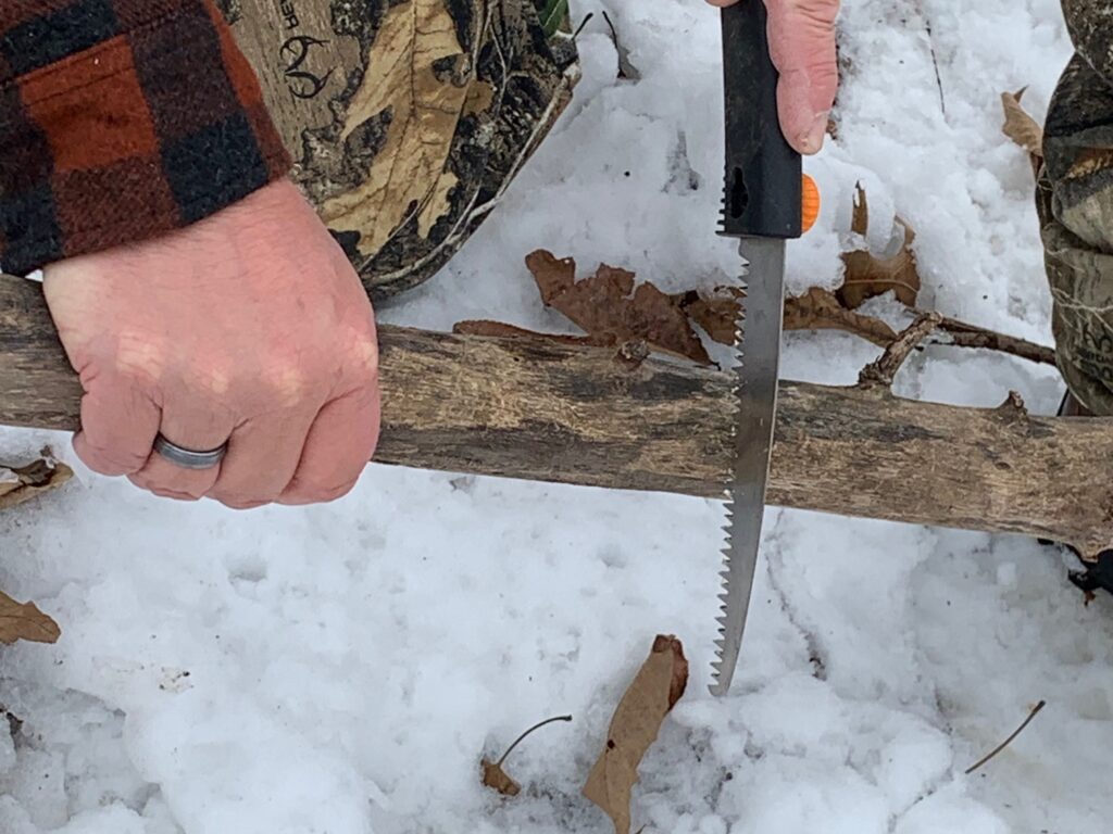 Man cutting branch with folding saw