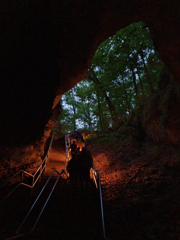 Family climbing out of the Mammoth Cave Tour from the Star Chamber tour. Large flight of stairs leading out into dusk.