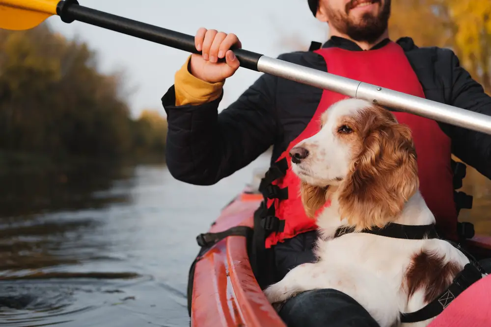 Man in kayak with dog in his lap which is allowed on McDonald Lake in Glacier National Park