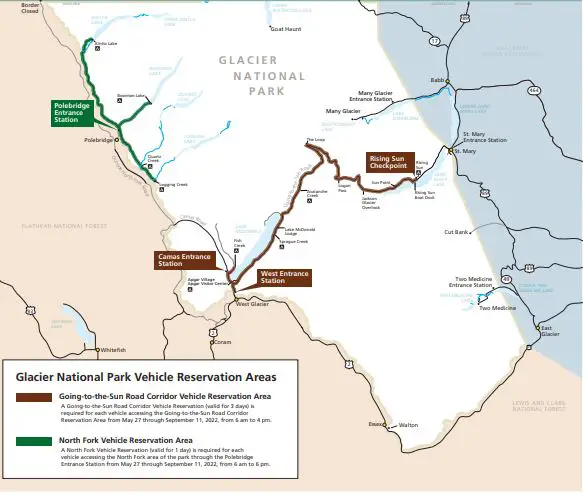 Map showing where you need a vehicle Reservation in Glacier National Park for 2022