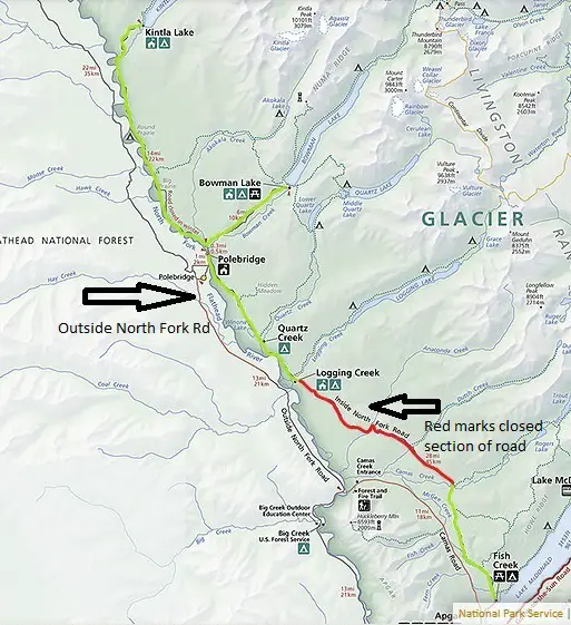 Map showing the inside an outside North Fork Roads in Glacier