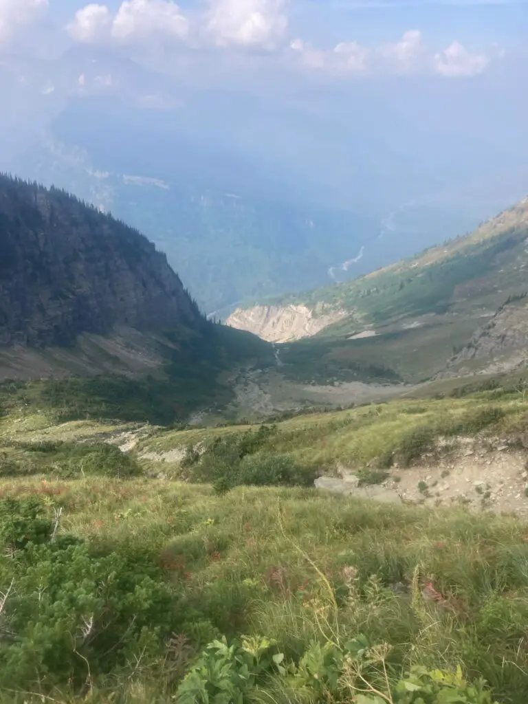 a long view into a deep valley of Glacier National Park