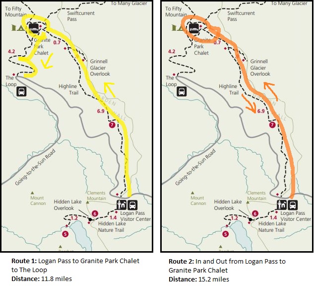 map showing both routes to the Highline