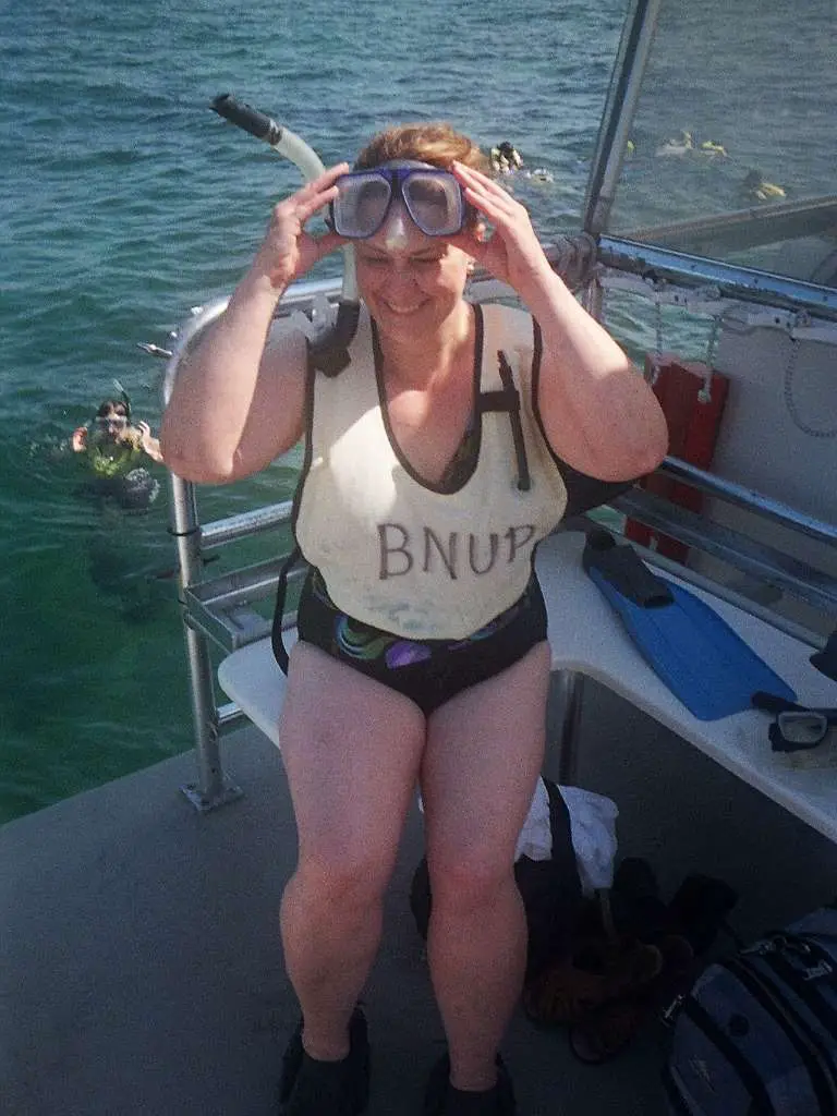 Ladona getting ready to jump into Biscayne Bay with snorkel gear