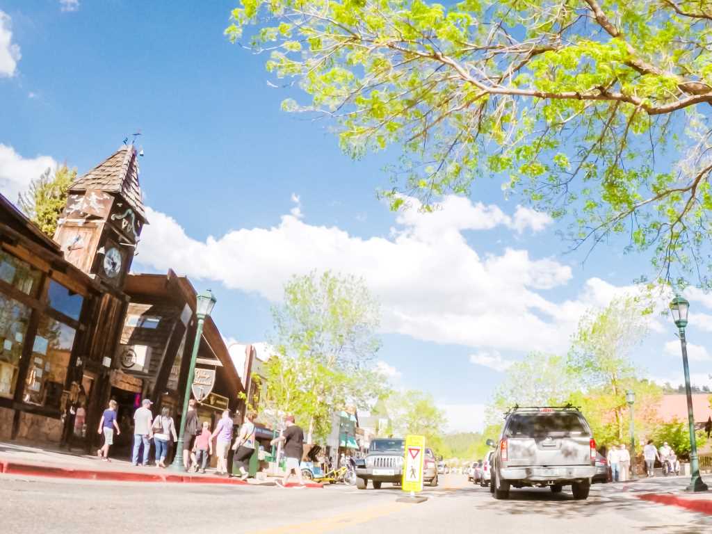 People walking on street in front of stores in downtown Estes Park Colorado