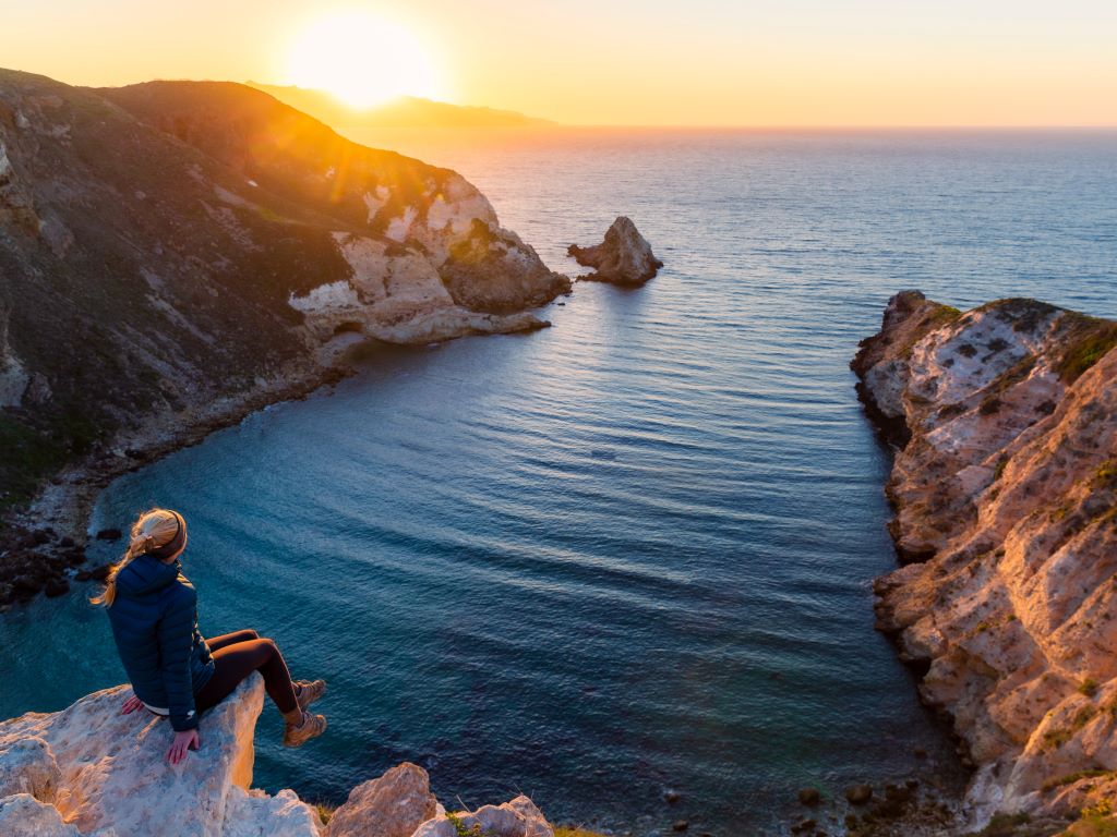 small bay surrounded by rocks with sunset - Channel Islands NP