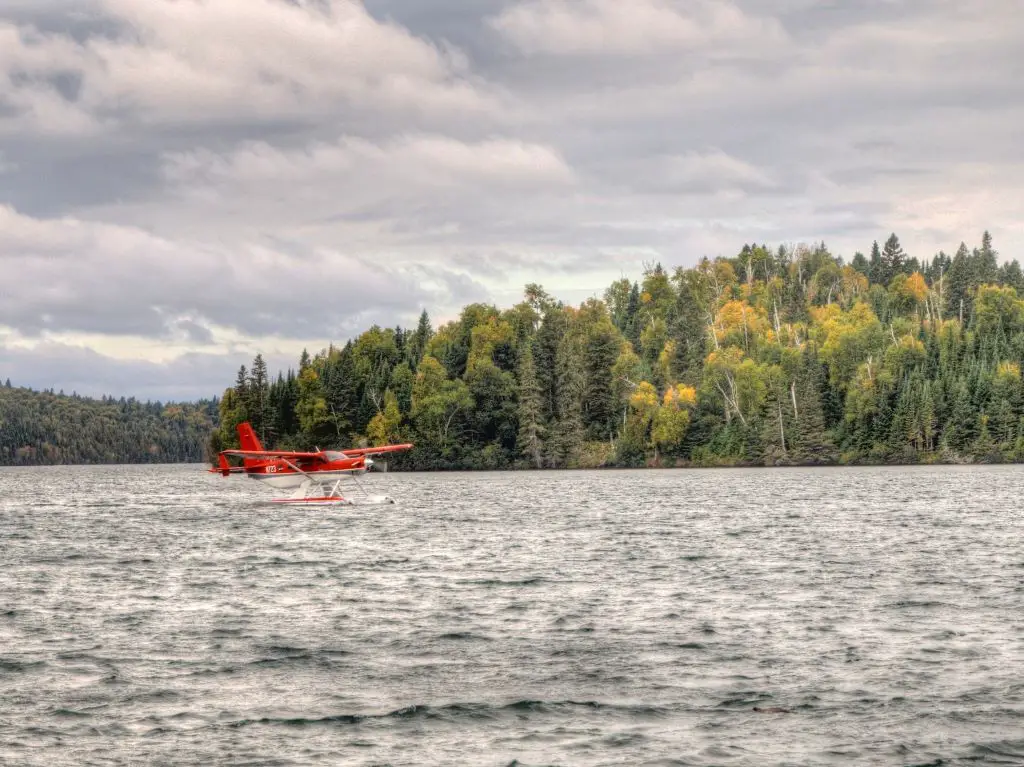 red float plane in front of windigo island in Isle Royale NP