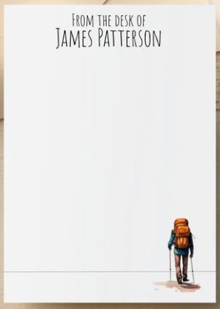 white notepaper with image of hiker on bottom and personalization on the top