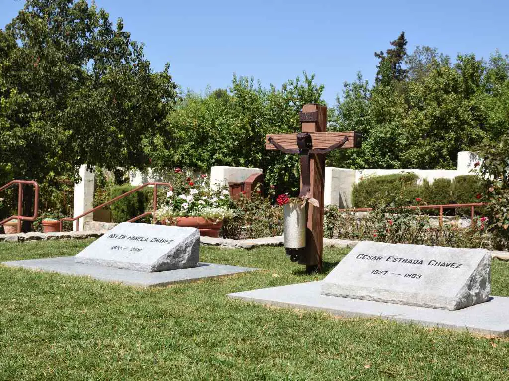 2 white tombstones of Cesar Chavez and wife. One of California's National Parks.