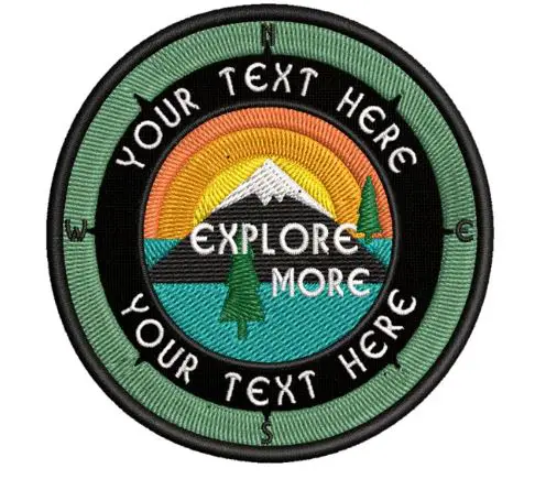Customizable round patch with words Explore More in the center