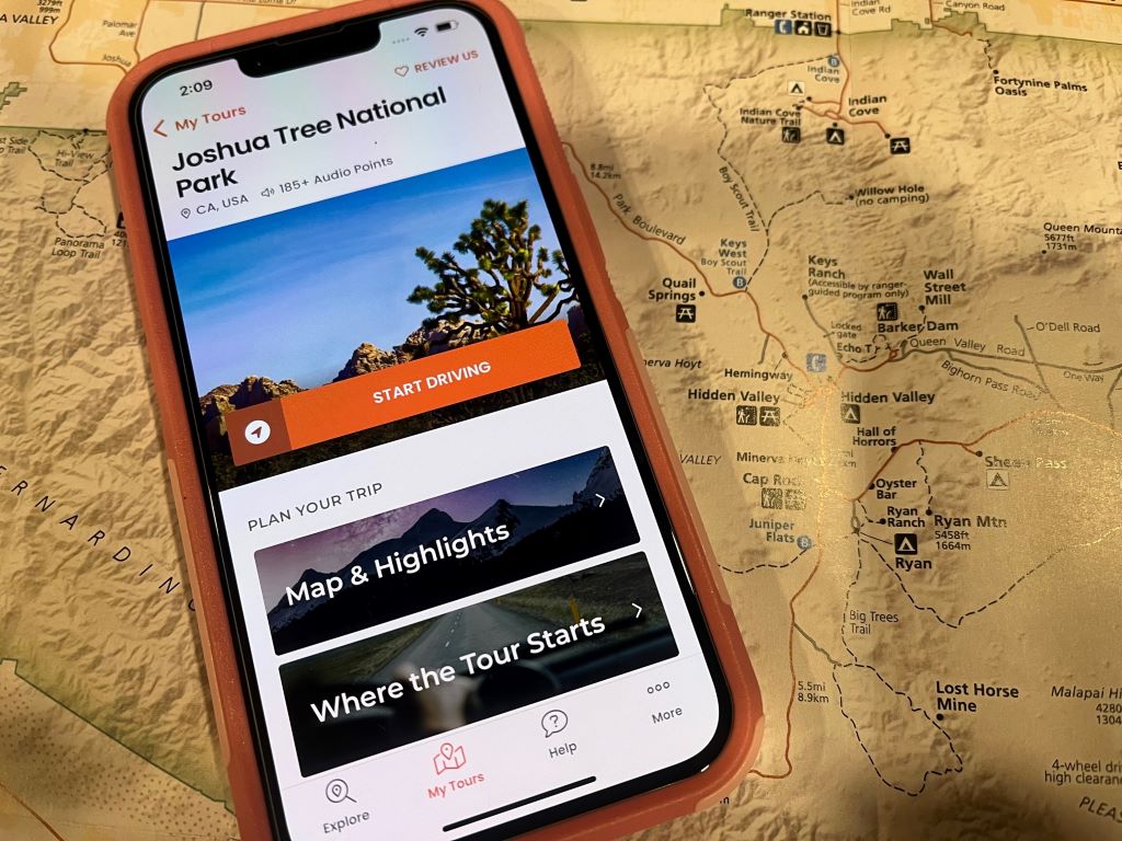 Guide Along App Review screen shot of Joshua Tree with map in background