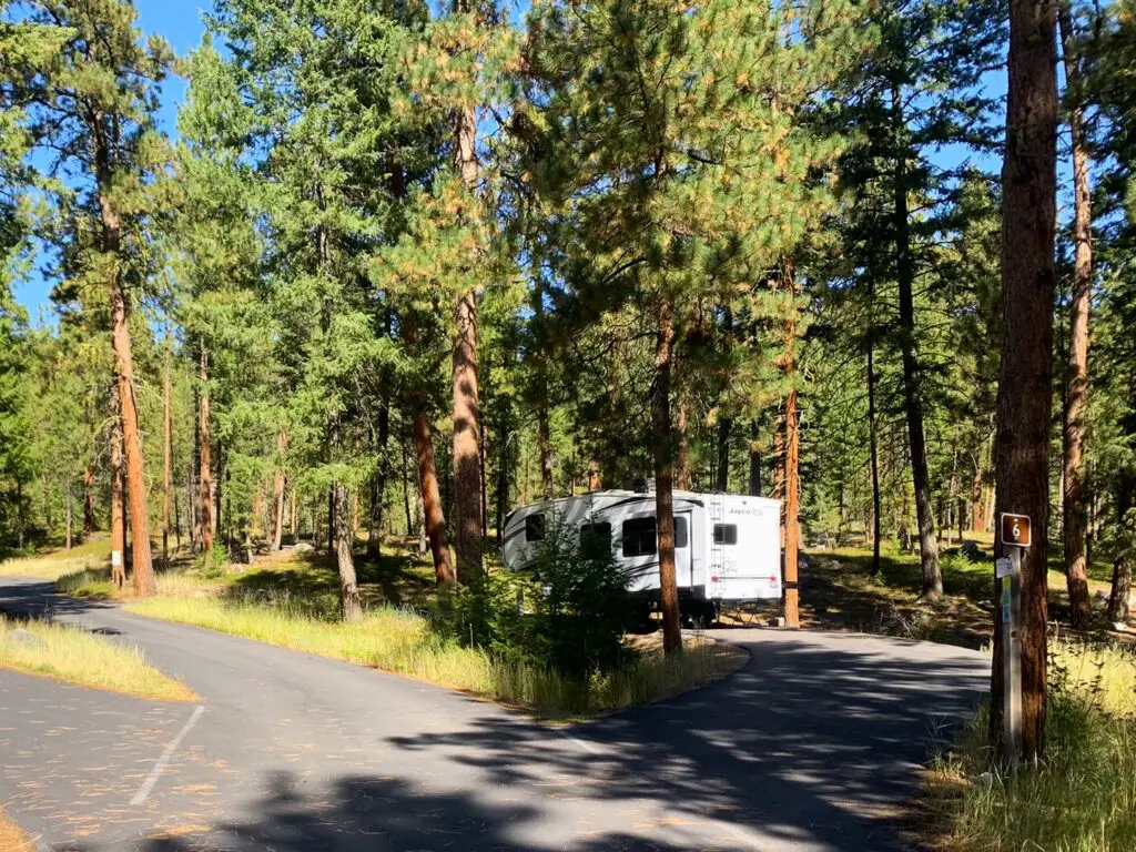 camper tucked into trees along the road in Idaho campground with walk up camping