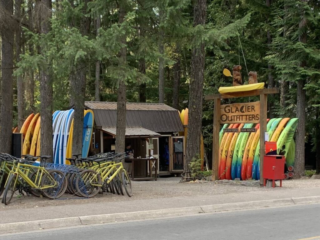 racks of kayaks and sup boards for rent