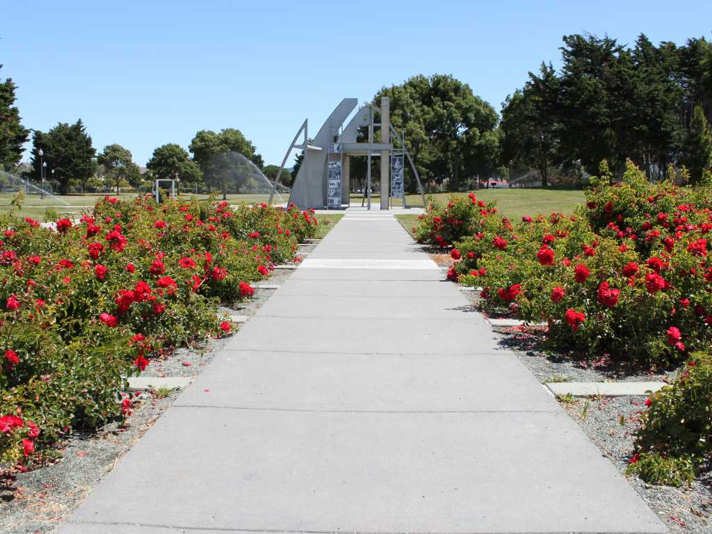Walkway with red rose bushes on each side leading toward the Rosie the Riveter National Park