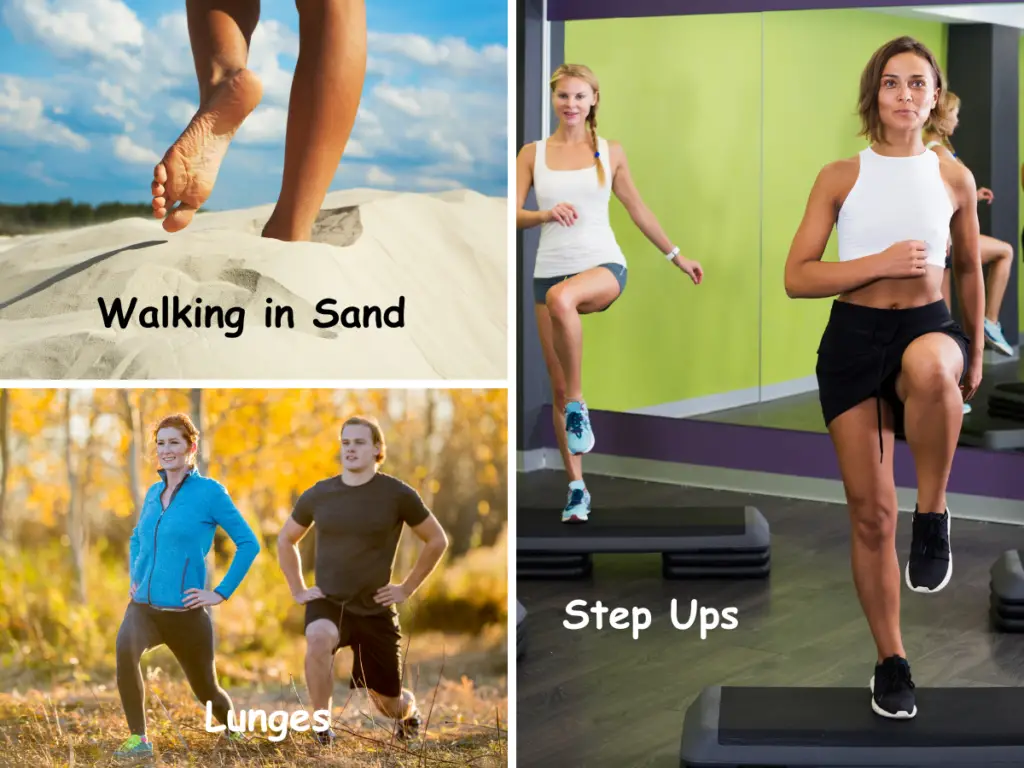 3 photos showing exercises to strengthen leg muscles for hiking