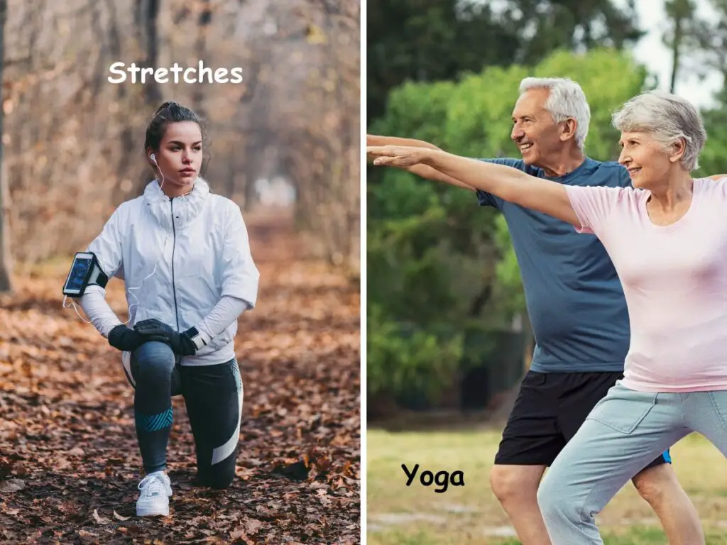 2 photos of exercises hikers can do to improve flexibility