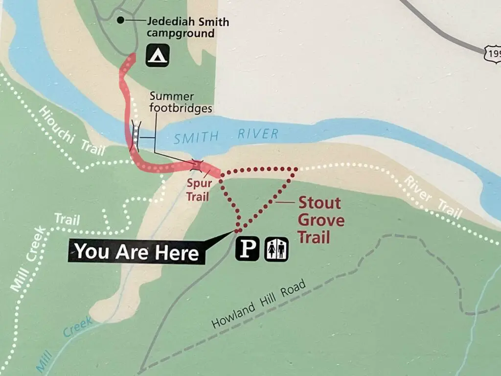 map that shows the walking trail from the campground to Stout Grove