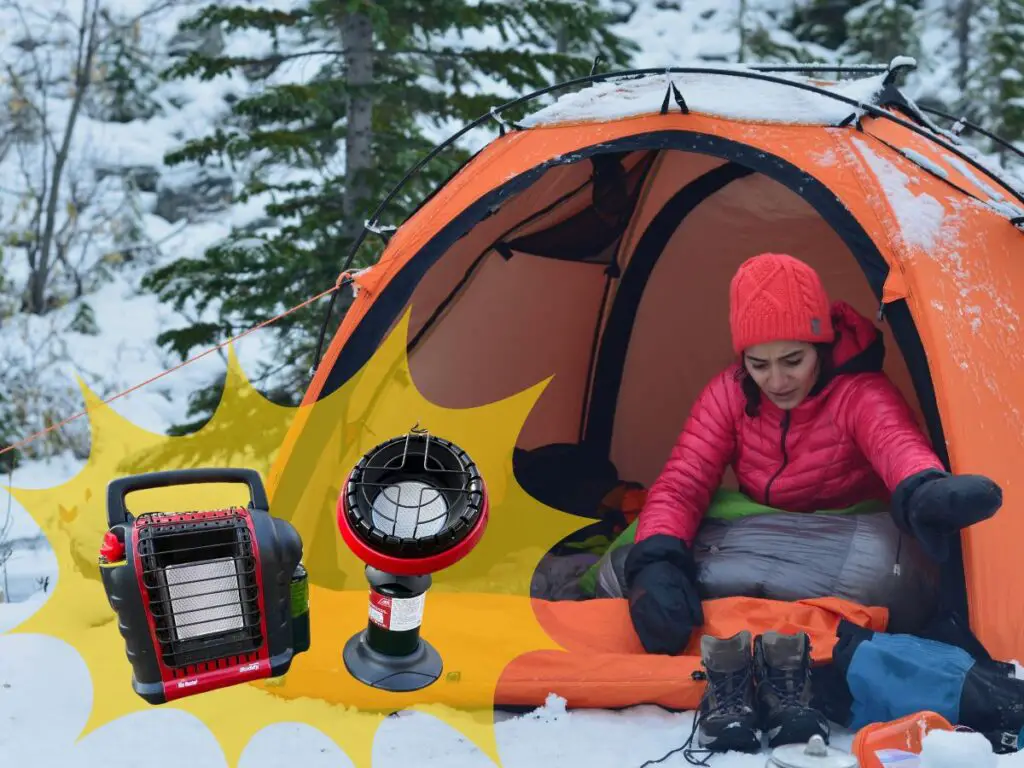 Buddy Heater next to orange tent. Woman camping in snow