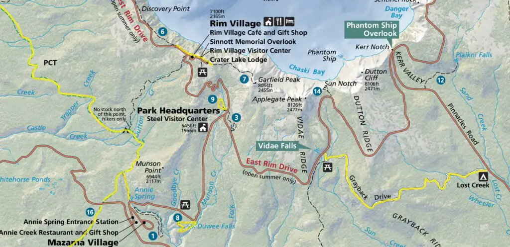 Crater Lake Map with dog-friendly hiking trails highlighted