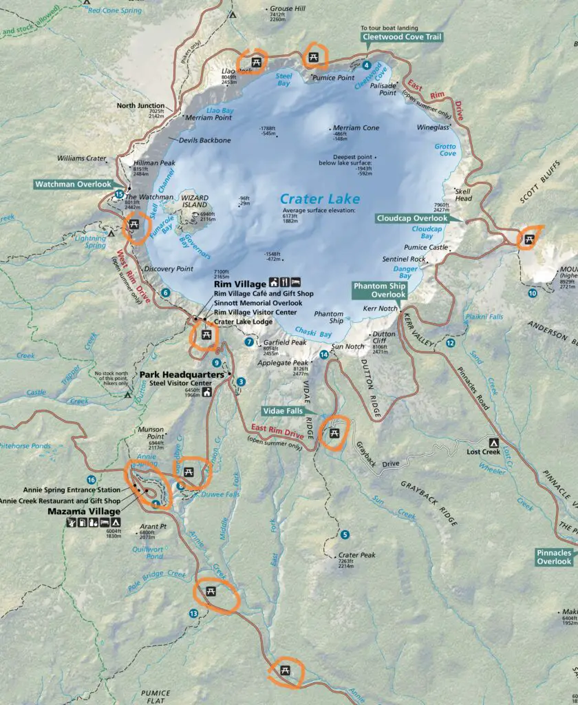 map of crater lake area with picnic areas highlighted