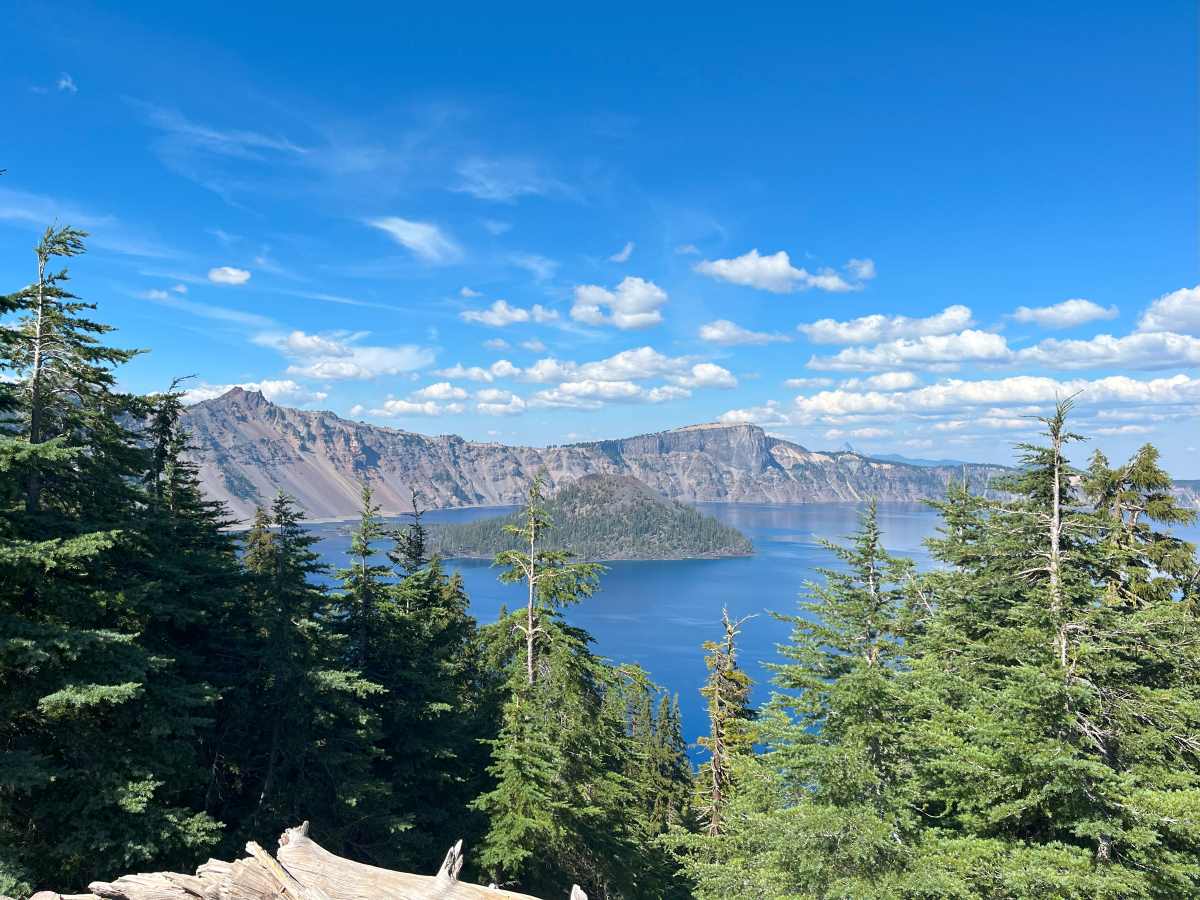 View of Wizard Island from Rim Village in Crater Lake