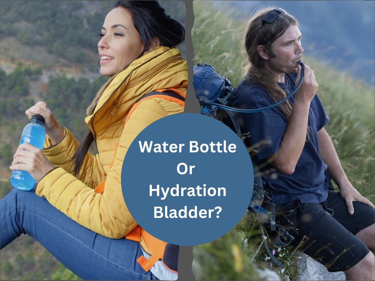 woman hiker in yellow jacket drinking from a water bottle on left, male hiker siting on mountain drinking from hydration bladder on right