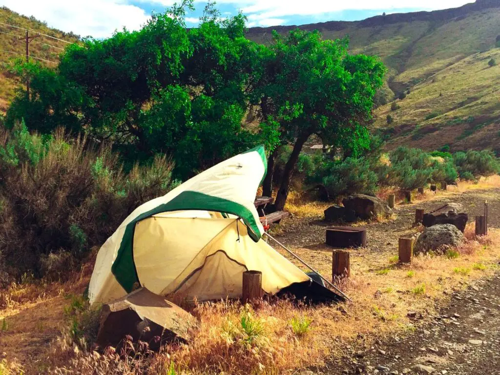 Broken tent in campground