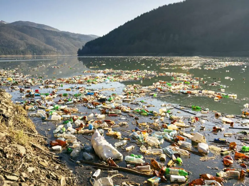 river with empty plastic bottles floating