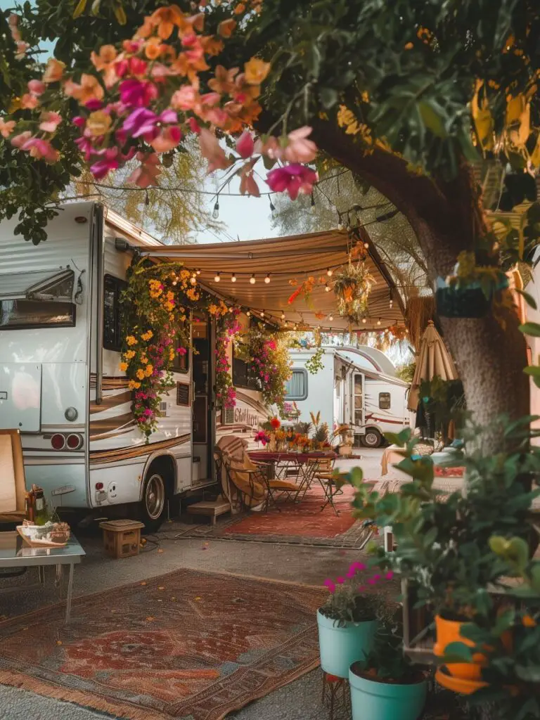 Camper with flower pots, rugs and pretty table